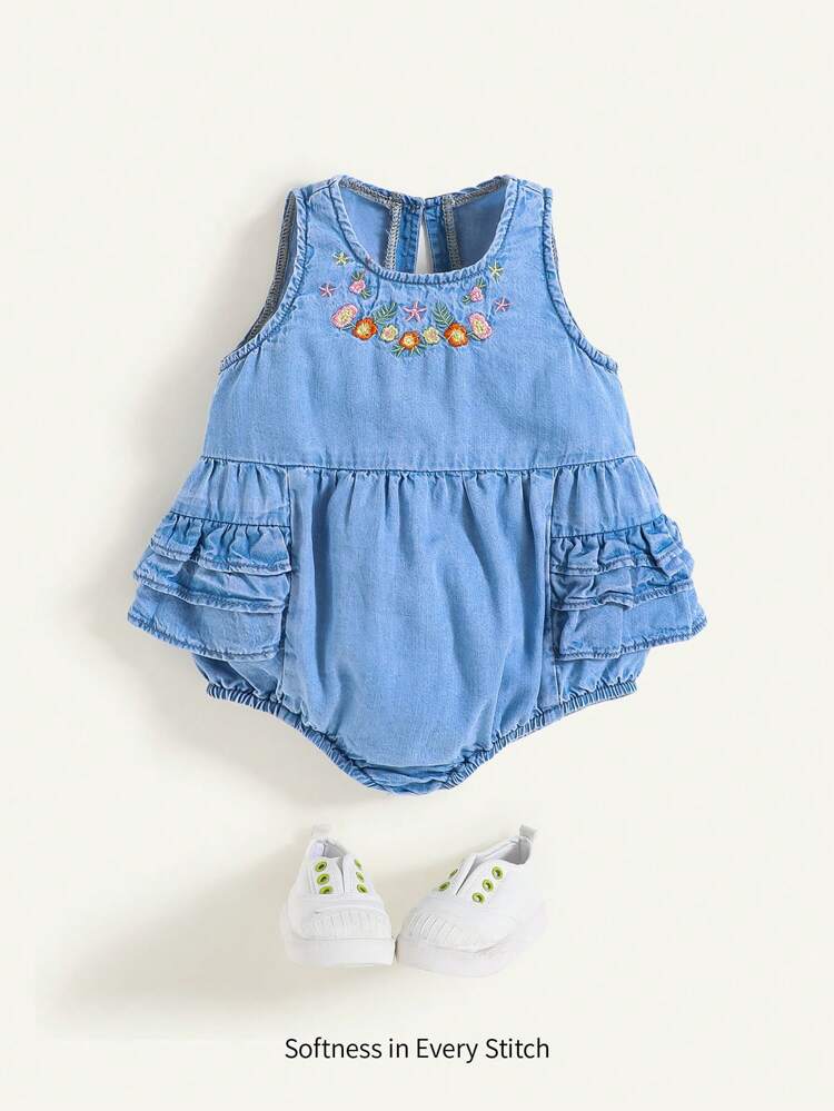 Baby Girls Spring And Summer Flower Embroidery Comfortable Soft Wash Cute Falbala Casual Baby Denim Effect Bodysuit