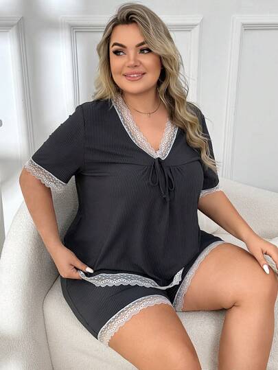 Plus Size Women's Lace Patchwork Knitted Homewear Set