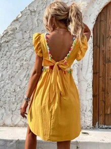 Breezaya Váy tua rua vàng tay bồng phong cách nghỉ mát mùa hè cho nữ - Màu vàng - Xem 2