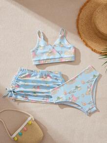 The Wizard of Oz X SHEIN 3pcs Set Young Girl Blue Cute Cartoon Knitted Casual Overall, Skirt Beach Bikini Outfits - Blue - View 6