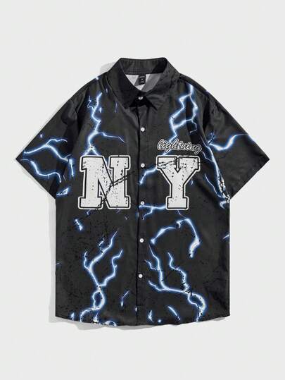 Street Life Camicia casual estiva da uomo a maniche corte con stampa di lettere e fulmini