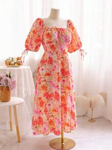 Soleia Plus Size Women's Country-Style Colorful Ditsy Flower Square-Neck Drawstring Puff Sleeve Long Dress With High Slit, Holiday Style - Multicolor - View 3