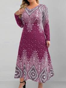 SHEIN Clasi 加大尺碼全印花長袖連衣裙 - 紫色 - 查看 3