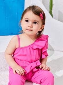 SHEIN Baby Girls' Asymmetrical Neck Ruffled Jumpsuit, Elegant, Fashionable, Spring/Summer - Hot Pink - View 6