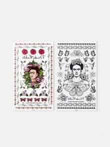 Frida Kahlo X SHEIN 2 Piezas/paquete Pegatinas Temporales De Tatuajes Con Personajes Y Patrones Florales