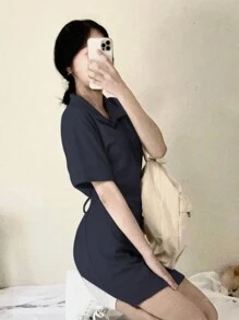 DAZY Đầm sơ mi cổ polo tay ngắn cho nữ, Đầm suông thoải mái thường ngày mùa hè - Màu xanh hải quân - Xem 2