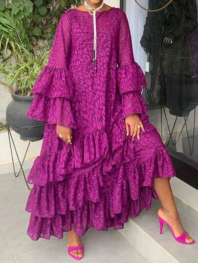 女士长袖宽松多层下摆和袖子派对礼服优雅正式晚会舞会婚礼宾客礼服，适合毕业典礼、晚宴