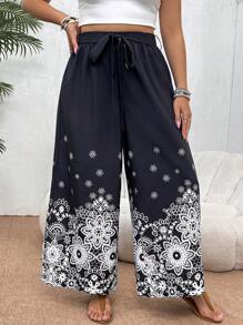 SHEIN VCAY Plus Size Vacation Elastic Waist Wide Leg Printed Pants - Black and White - View 5