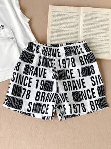 2入組春夏款黑白字母印花3D口袋可愛時尚運動休閒套裝，適用於男嬰 - 彩色 - 查看 3