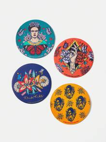 Frida Kahlo X SHEIN 4pcs/Set Portrait And Floral Pattern PU Coaster Gift Set - Multicolor - View 3