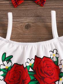 SHEIN Niedliches gestricktes Tanktop mit floralem Muster, Set aus geometrischen Shorts und Haarband für Baby-Mädchen - Verschiedenfarbig - Übersicht 3