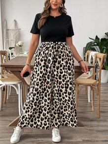 SHEIN LUNE Loose Fit Short Sleeve Leopard Print T-Shirt And Elastic Waist Wide Leg Pants Plus Size 2pcs/Set - Multicolor - View 3