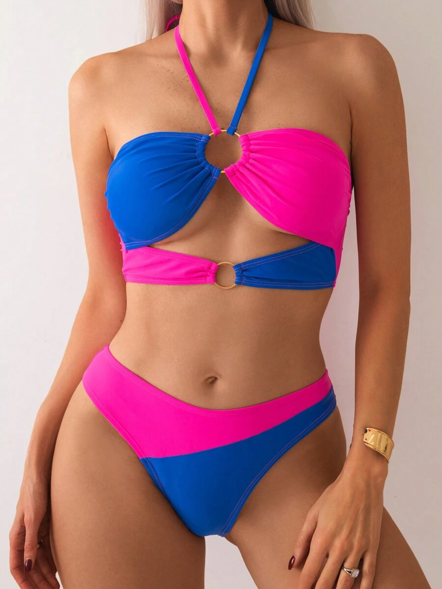 SHEIN Swim Women's Color-Block Bikini Set With Interlocking Circle Connection, Cross-Neck Tie And Sexy Two-Piece Bikini Set For Vacation Summer Beach - Multicolor - View 1