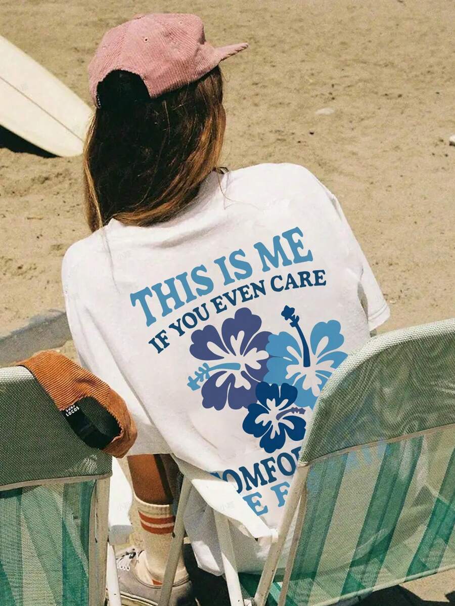 SHEIN EZwear 大號Hibiscus印花款圖形T卹，適用於海灘度假 - 白色 - 查看 1