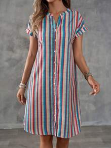 EMERY ROSE Vestido de mujer con cuello en V y rayas de colores con botones en la parte delantera para las vacaciones de verano
