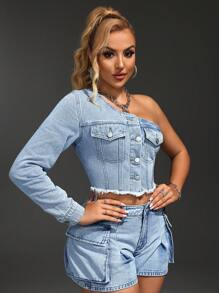 SHEIN SXY Áo khoác denim một vai, thiết kế viền & túi sờn, một bên ngực, hoàn hảo cho lễ hội âm nhạc - Rửa nhẹ - Xem 5