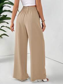 SHEIN Essnce Women Dress Pants Uniform Pants Teacher Pants Ladies' Commuting Black Striped Elastic Waist Wide Leg Trousers With Double Pockets - Khaki - View 2