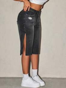 SHEIN ICON Shorts de mezclilla para mujer con diseño sencillo y corte dividido en dobladillo de unicolor