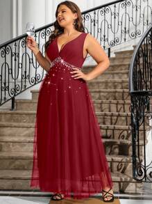 Cravure Váy không tay thời trang cỡ lớn có trang trí đá Rhinestone cho mùa hè năm mới Quần áo Maxi cho phụ nữ Trang phục cưới - Đỏ - Xem 3