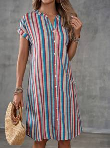 EMERY ROSE Vestido de mujer con cuello en V y rayas de colores con botones en la parte delantera para las vacaciones de verano