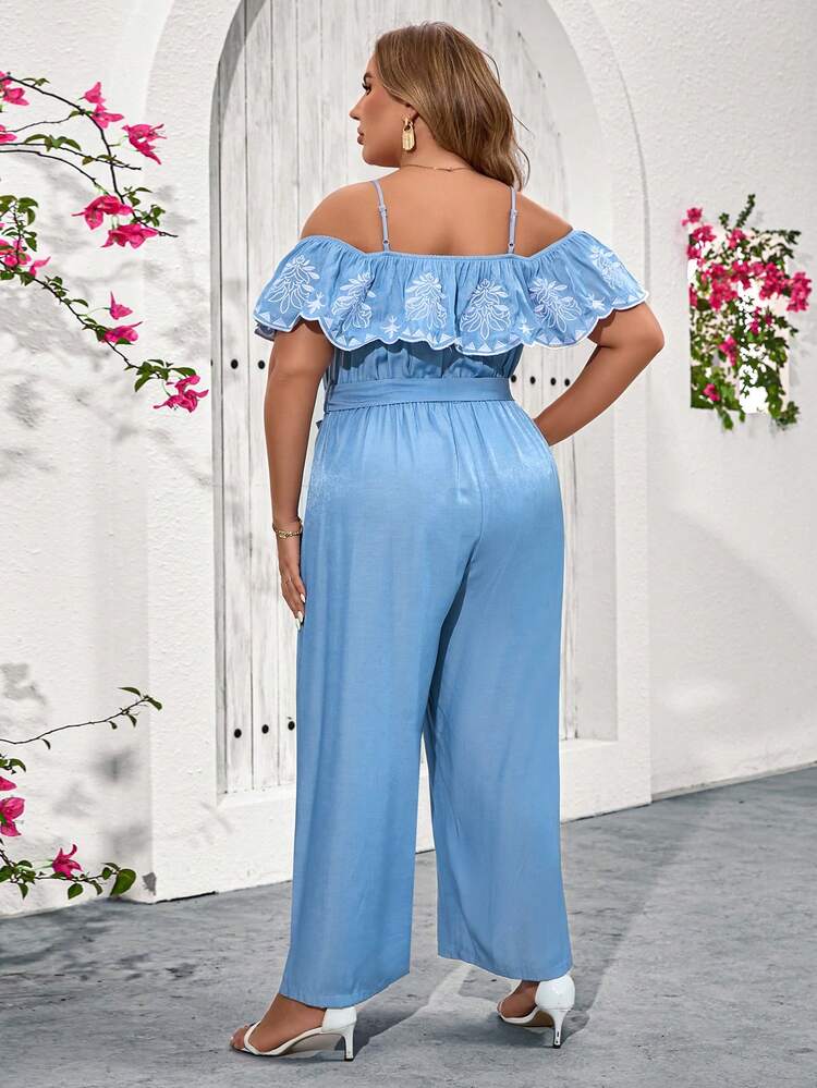 Plus Size Concert Women Outfit Summer Denim Effect Embroidered Loose Jumpsuit With Bowknot For Women