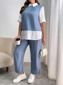 SHEIN Essnce Plus Size Women's Summer Casual Loose Blue Suit, Women's Summer Clothing, Women's Two-Piece Suit, Summer Dress, Curve Set,Work Women Shirts,Women Two Piece Sets,Casual Women Clothes,Mother Day Outfit,Teacher Shirts Set,Work Set,Outfit Sets,Two Piece Outfits