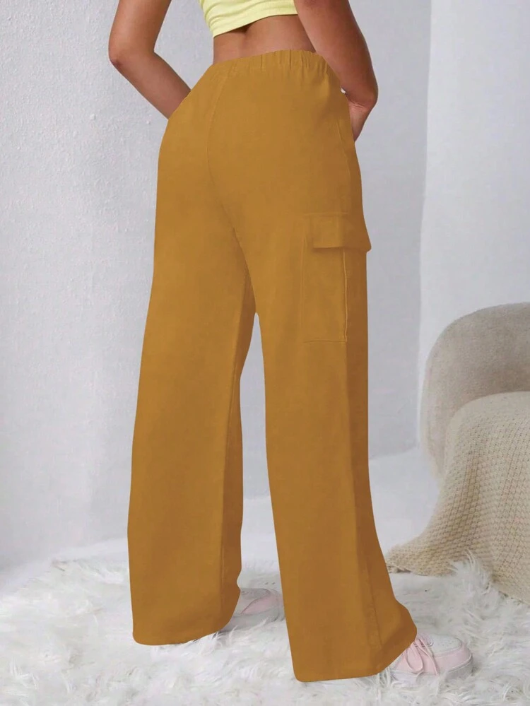 Plus Size Solid Color Elastic Waist Casual Pants With Pockets For Summer Fall Cloth For Women