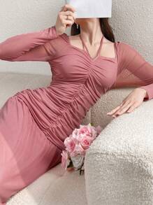 Modelyn Ladies' Solid Color Simple Daily Wear Bodycon Dress With Pleated Design Long Evening Dresses - Pink - View 3