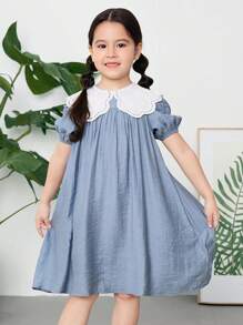 SHEIN LMoss Kids LMoss Young Girl Young Girl Woven Solid Color Peter Pan Collar Dress, Casual