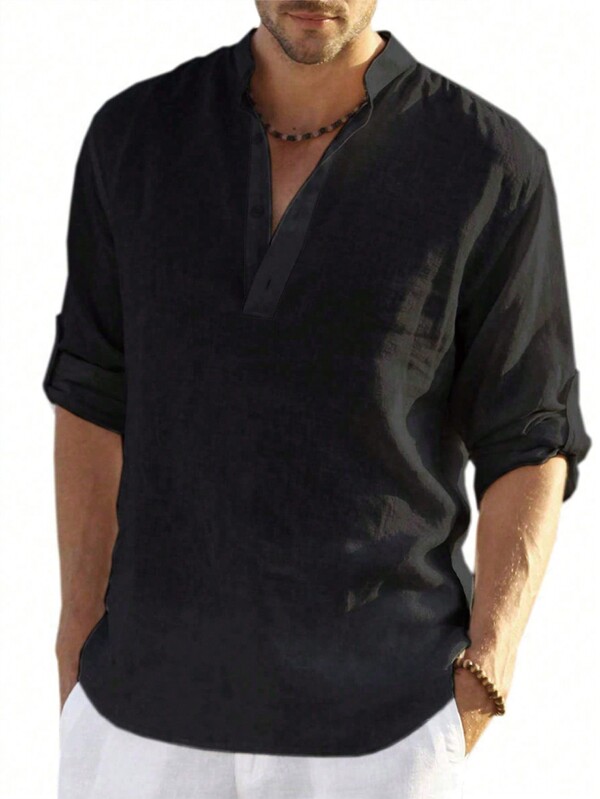 Camisa holgada casual de verano para hombre de talla grande, de color liso, con botones y mangas vueltas