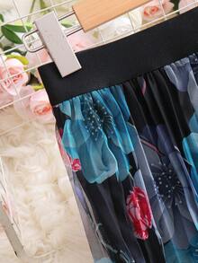 Women Skirts Berlipat Bunga Plants All Over Print Boho - Hitam - View 3