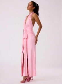 MUSERA Tie Front Ruched Plunge Maxi Dress Spring Summer Vacation Prom Ibiza Fits