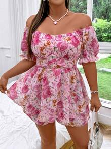 Sunnyshic Plus Size Boho Off-Shoulder Short Sleeve Chiffon Romper For Women, For Summer