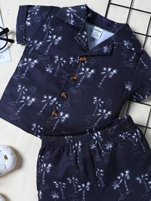 Ensemble garçon bébé avec haut imprimé à manches courtes et short occasionnel à bouton unique - Noir - Voir 3