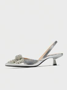 Scarpe con tacco alto a punta con decorazioni a fiocco e strass, punta chiusa e cinturino alla caviglia, comode per feste, serate, matrimoni, primavera ed estate, in pelle sintetica argento, ideali per abiti da sera, eleganti, tacco a gattino, da festa - Argento - Visualizzare 3