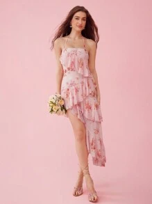 Enchnt Rosa Blumen Muster Neckholder Asymmetrischer Saum Modisches Brautkleid mit Rüschenverzierung, Strandkleid für den Sommer - Pink - Übersicht 7