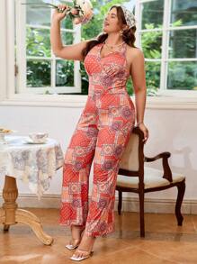 Dreamara Mono casual de talla grande con estampado de remiendo y espalda descubierta en estilo halter para vacaciones