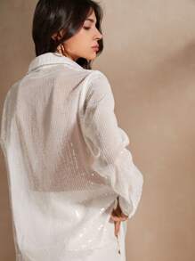 Anewsta Camisa De Manga Larga De Malla Con Purpurina Para Mujer
