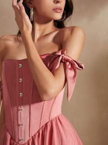 Anewsta Vestido corto de malla delgada en forma de X con hombros al aire y tirantes para mujer, en rosa coral tierno y elegante - Rosa coral - Ver 5