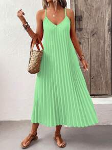 Breezaya 純色細肩帶褶皺無袖夏日日曬裙 - 薄荷綠 - 查看 4