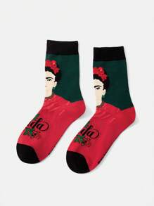 Frida Kahlo X SHEIN 两双中筒袜，撞色设计，印有图案和字母，适合作为礼物、夏季服装、春季服装、海滩度假或花卉主题服饰。