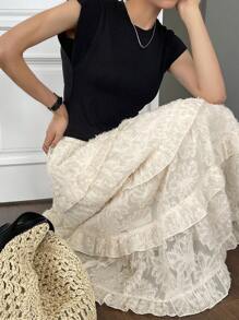 DAZY 纹理提花多层蛋糕裙长款女士裙子，荷叶边 - 杏色 - 查看 2