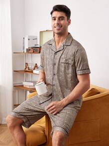 Men's Random Print Short Sleeve & Shorts Homewear Set - Brown - View 1