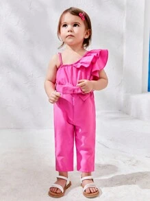 SHEIN Baby Girls' Asymmetrical Neck Ruffled Jumpsuit, Elegant, Fashionable, Spring/Summer - Hot Pink - View 3