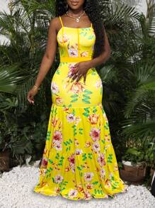 Slaydiva Vacation Leisure Floor Length Floral Printed Spaghetti Strap Dress