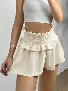 SHEIN EZwear Ladies' Solid Color Simple Casual Shorts With Ruffle Hem Detailing, Perfect For Everyday Wear - Apricot - View 1