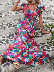 SHEIN Clasi Elegant All Over Print Ruffle Hem Summer Dress For Women - Multicolor - View 6