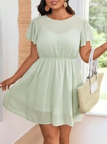 SHEIN Frenchy Plus Size Women Elegant Solid Color Ruffle Short Sleeve Round Neck Summer Dress - Green - View 7