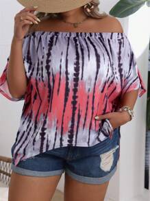 SHEIN VCAY Plus Size Women Minimalist Off Shoulder Random Printed Daily Shirt
