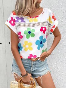 EMERY ROSE Summer Women Round Neck Hollow Out Floral Print Shirt (Random Cut Pattern)